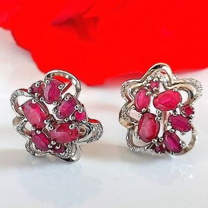 Natural Ruby 6x4mm & CZ‎ 14K White Gold on 925 Sterling Silver Earrings